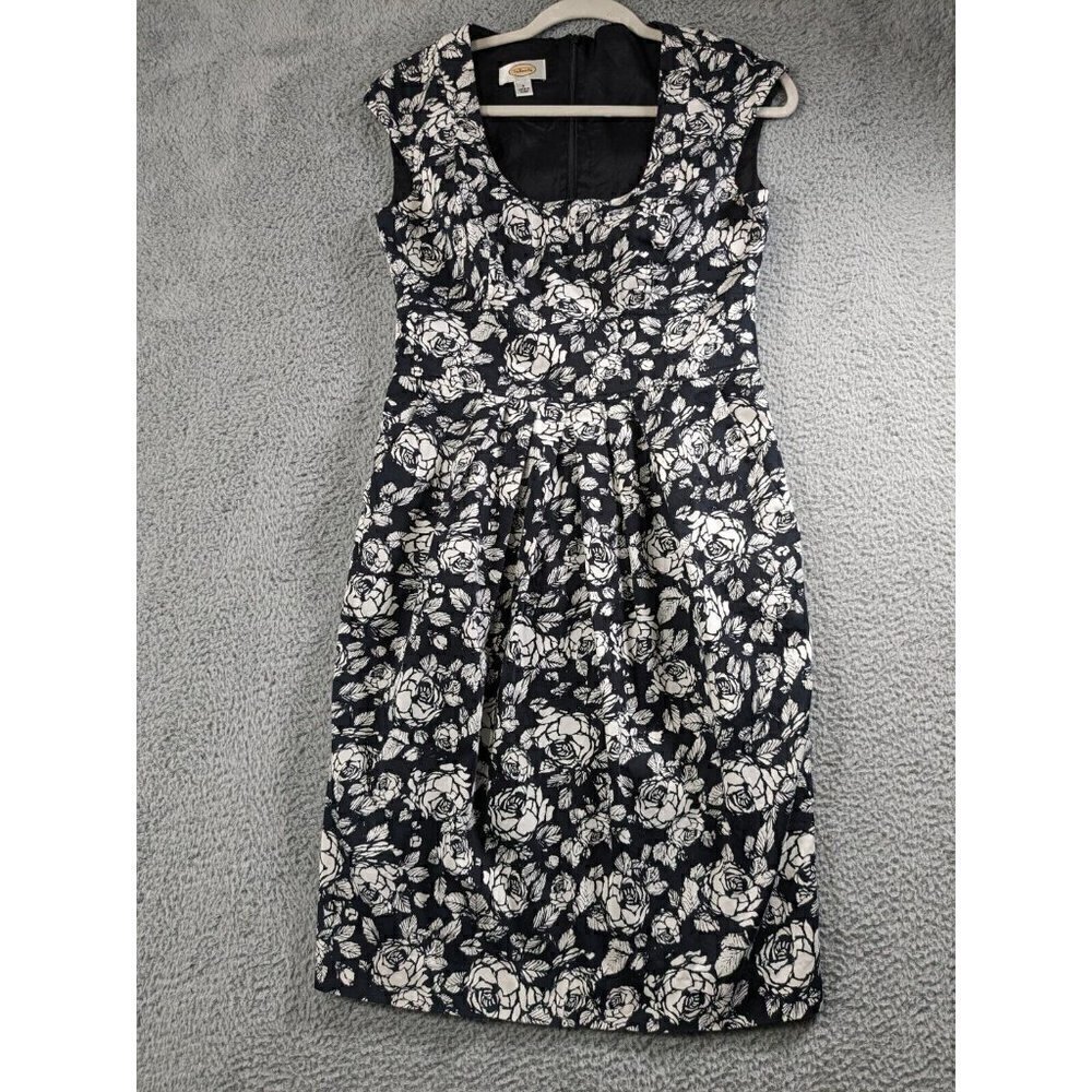 Talbots Dress Womens 4 Roses Boho Floral Black White Cotton Stretch Pockets